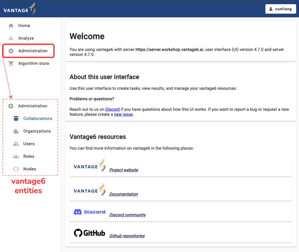 vantage6 UI administration page