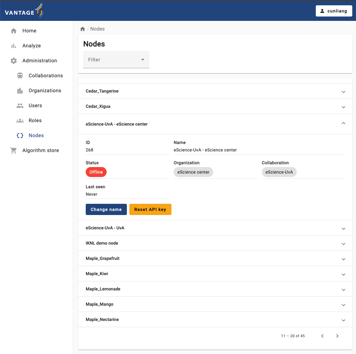 Reset API key for a node