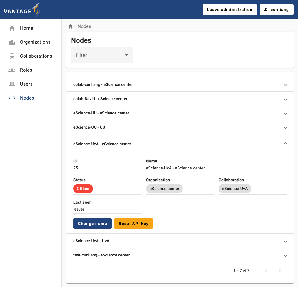 Reset API key for a node