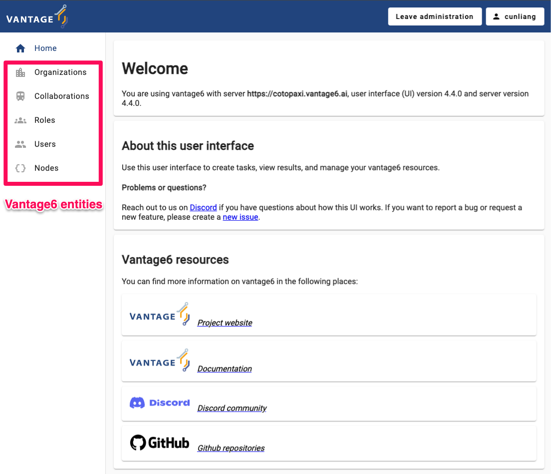 vantage6 UI administration page